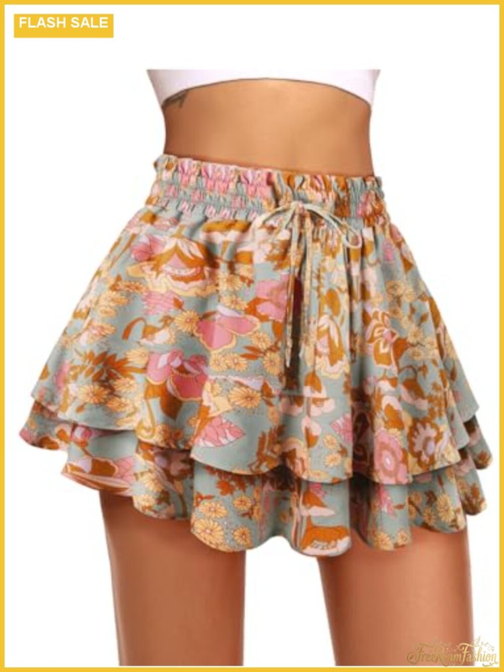 Boho Ruffle Mini Skirt Floral Tiered with Built-in Shorts A-Line